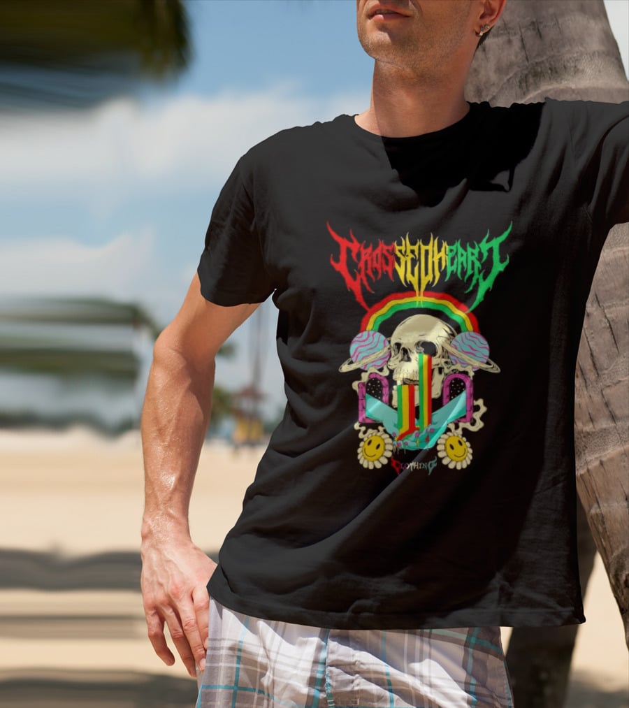 Crossed Heart Skull With Rainbow And Smiley Faces T-Shirt