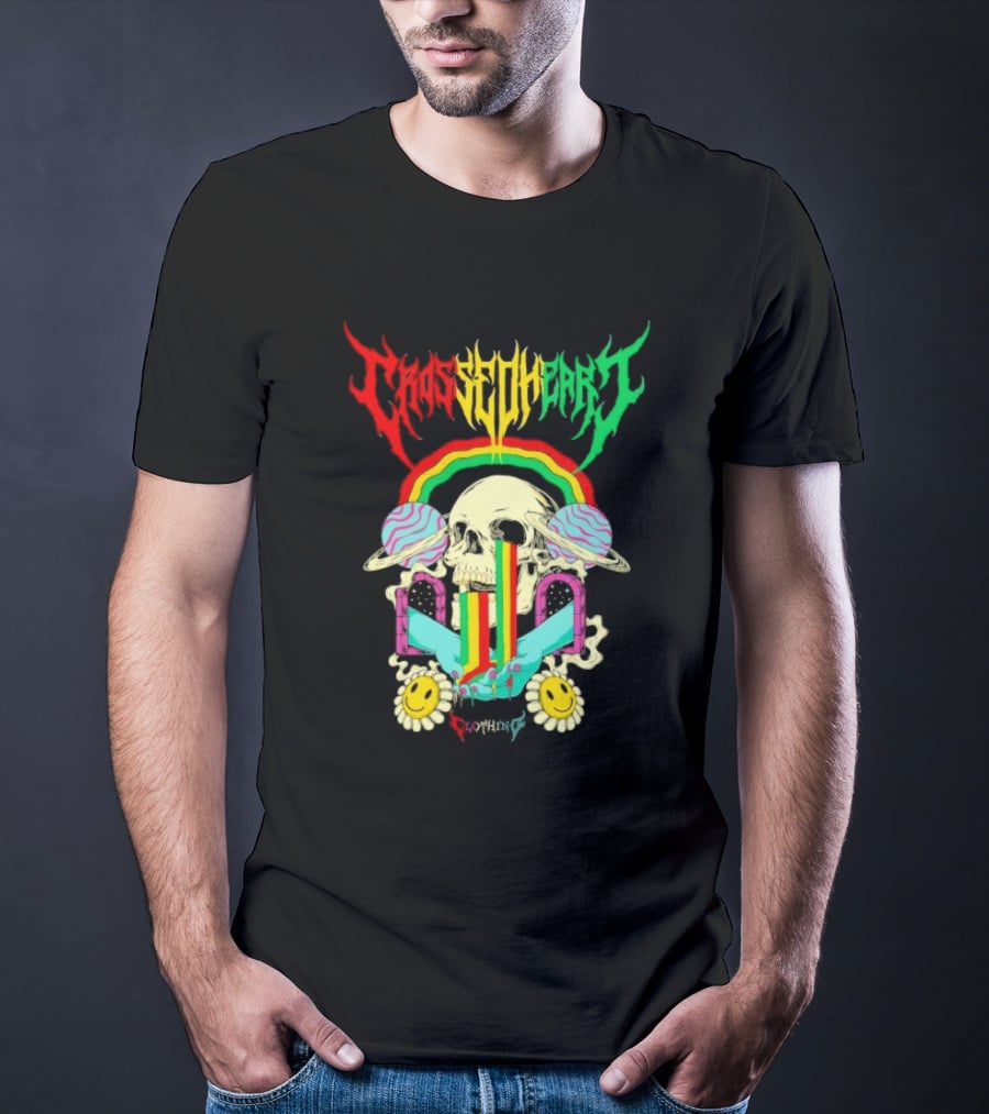 Crossed Heart Skull With Rainbow And Smiley Faces T-Shirt