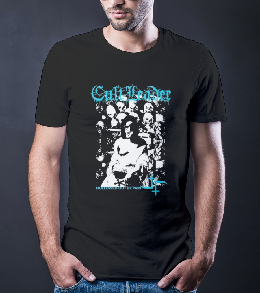 Cult Leader Hollowed Out By Pain Distorted Portrait With Inverted Cross Symbol T-Shirt