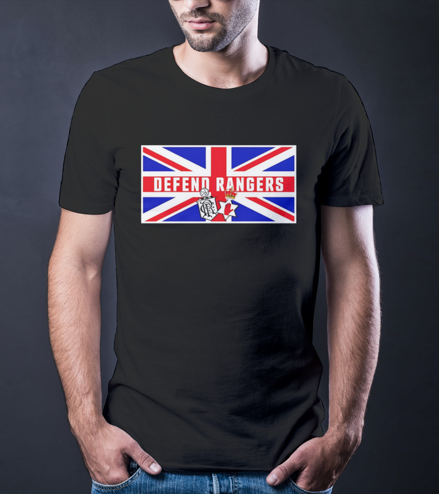 Defend Rangers Union Flag With FCRF Crest And Red Hand Of Ulster T-Shirt