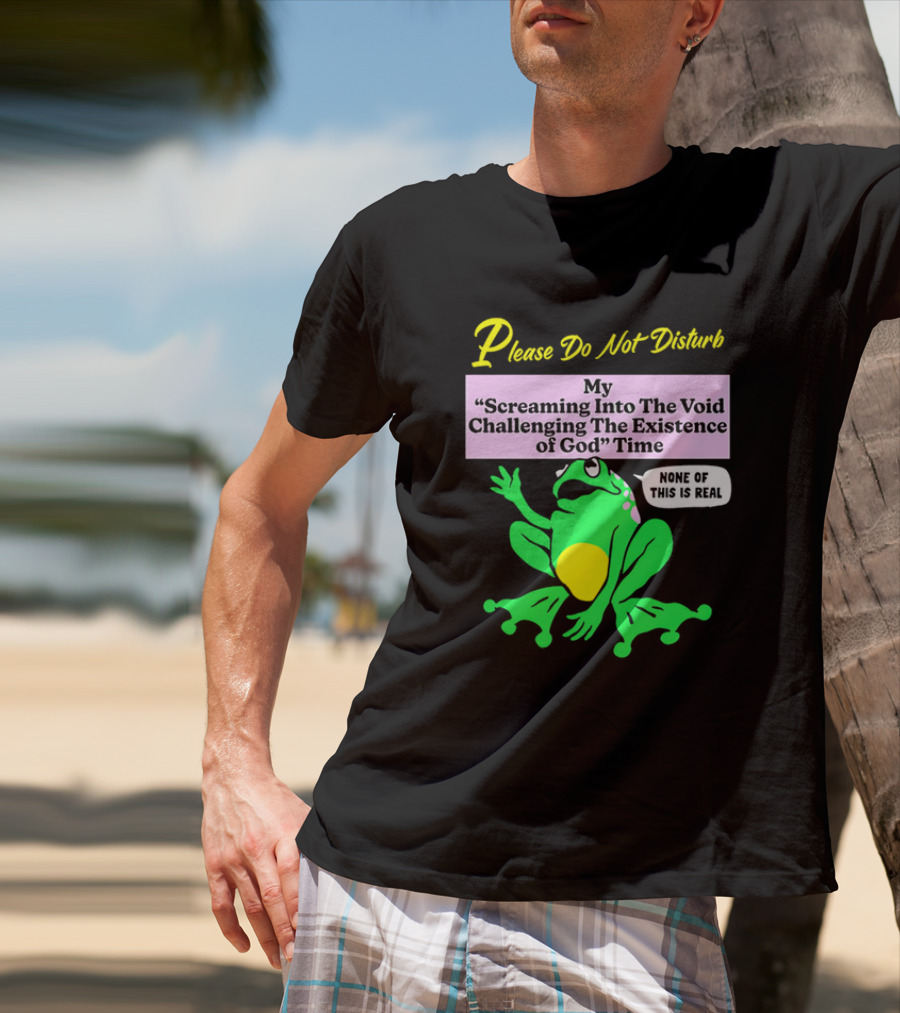 Please Do Not Disturb My Screaming Into The Void Challenging The Existence Of God Time None Of This Is Real Frog T-Shirt