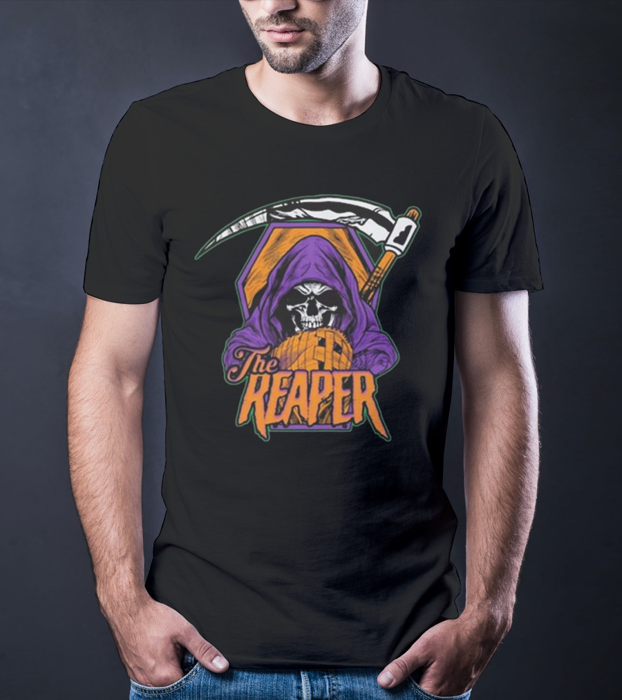 American Gothic Style Skull With Scythe Reaper Hooded Figure T-Shirt