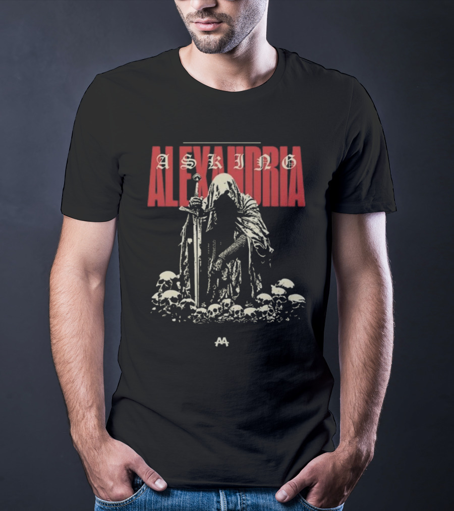 Asking Alexandria Skeleton Cloaked Figure With Sword Among Skulls T-Shirt