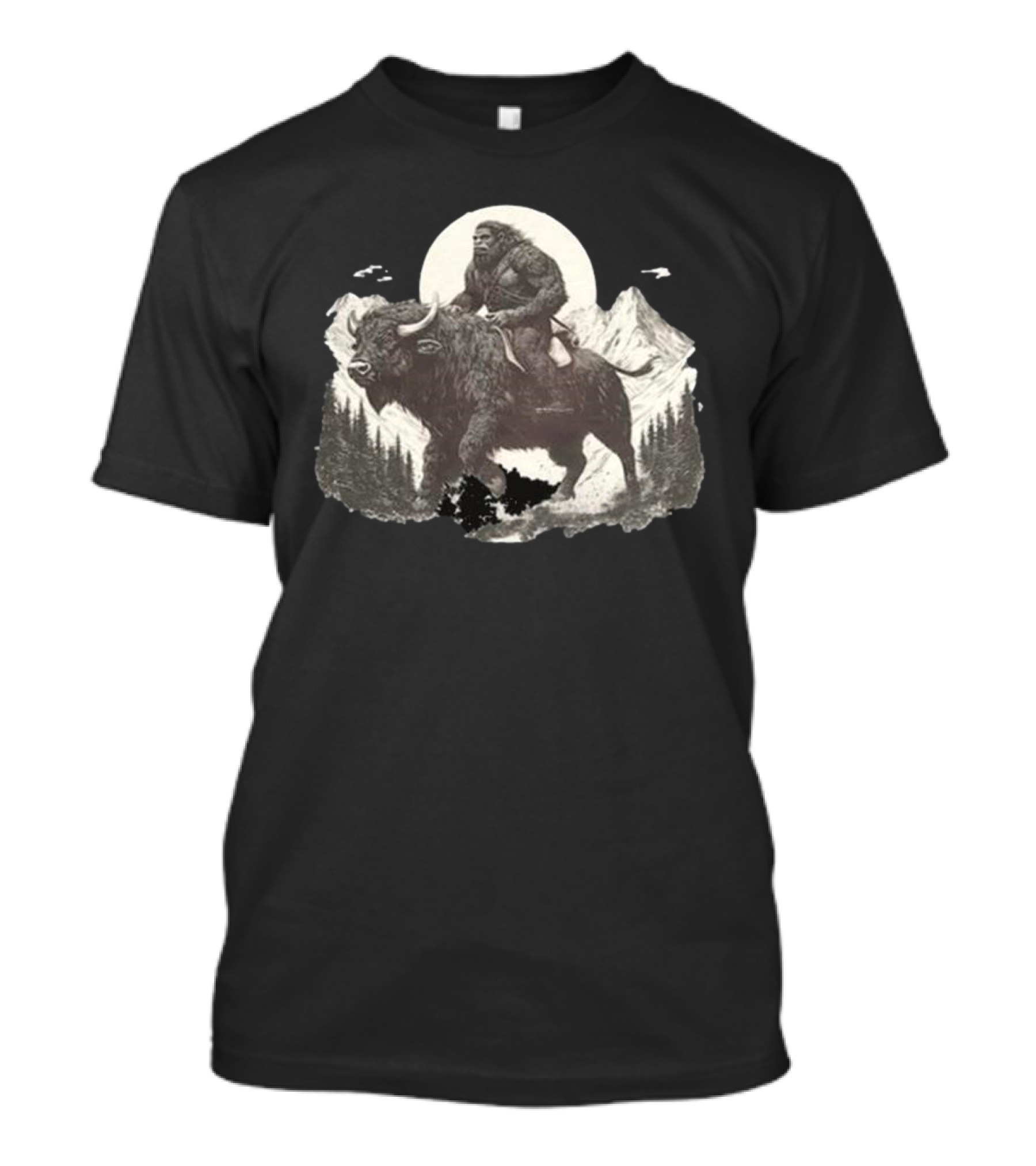 Blurry Creatures Bigfoot Riding Buffalo With Mountains And Moon In Background T-Shirt