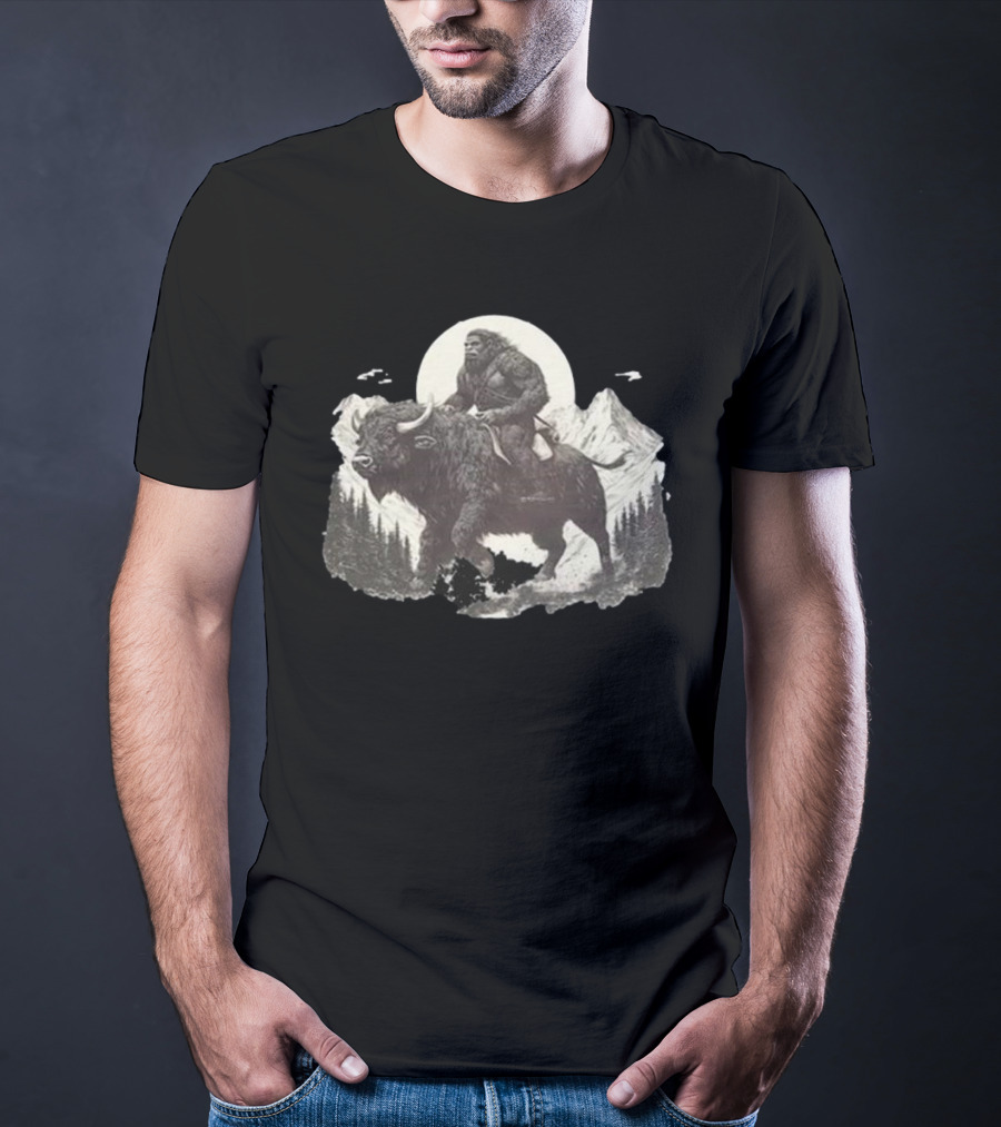Blurry Creatures Bigfoot Riding Buffalo With Mountains And Moon In Background T-Shirt