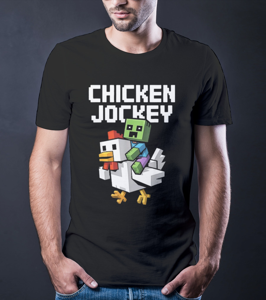 CHICKEN JOCKEY Pixelated Green Zombie Riding White Chicken T-Shirt