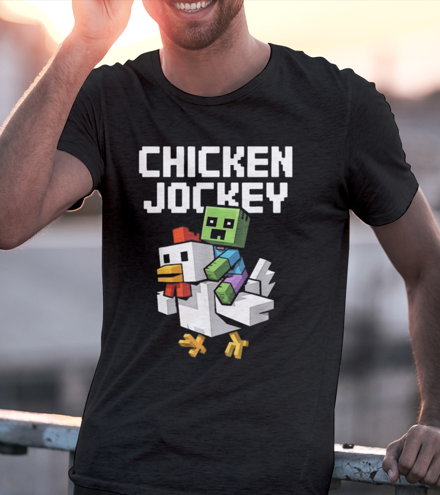 CHICKEN JOCKEY Pixelated Green Zombie Riding White Chicken T-Shirt
