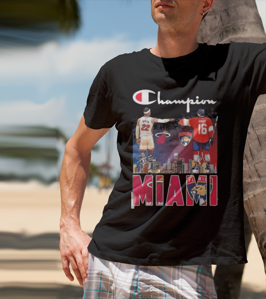 Champion Miami Skyline Signatures 22 Jimmy Butler 16 Aleksander Barkov Sports T-Shirt