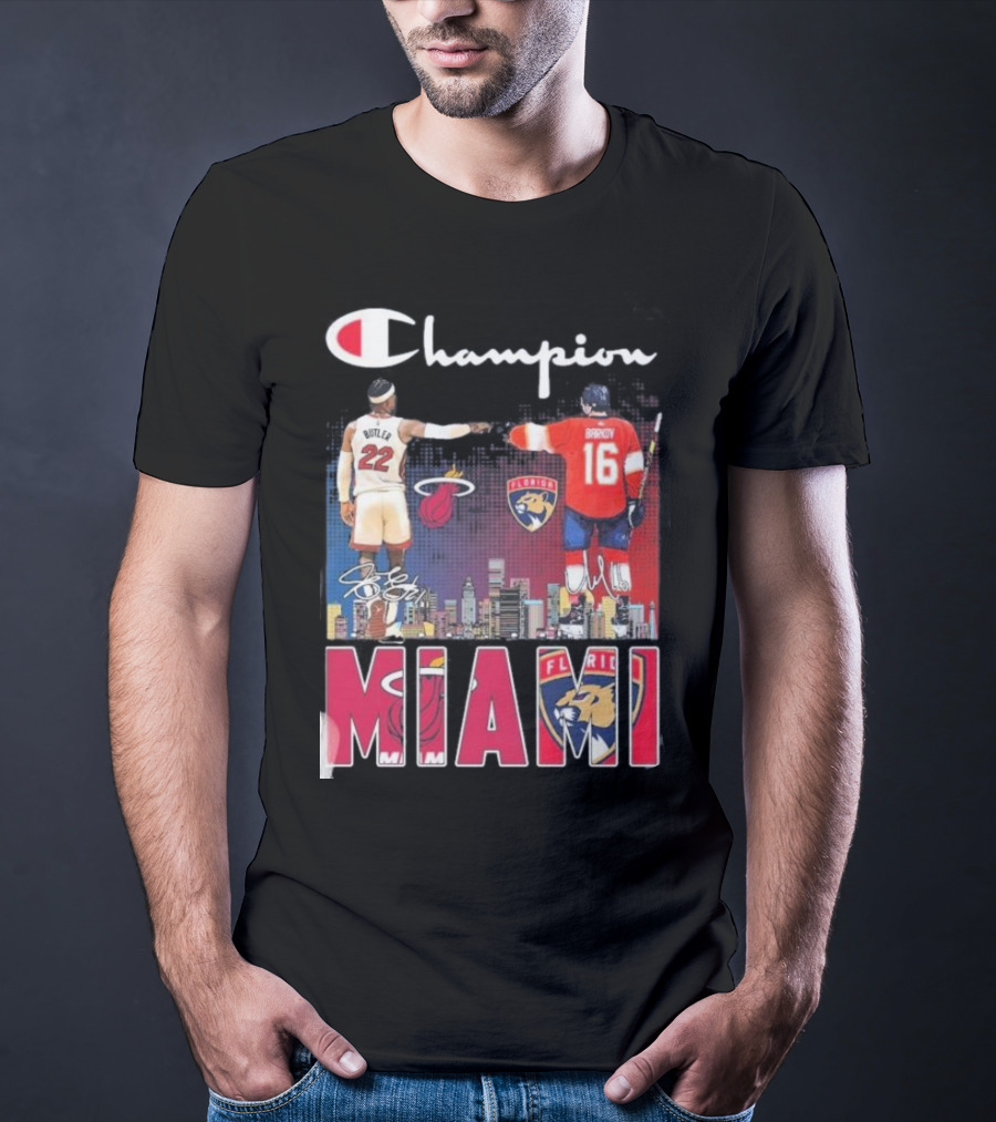 Champion Miami Skyline Signatures 22 Jimmy Butler 16 Aleksander Barkov Sports T-Shirt