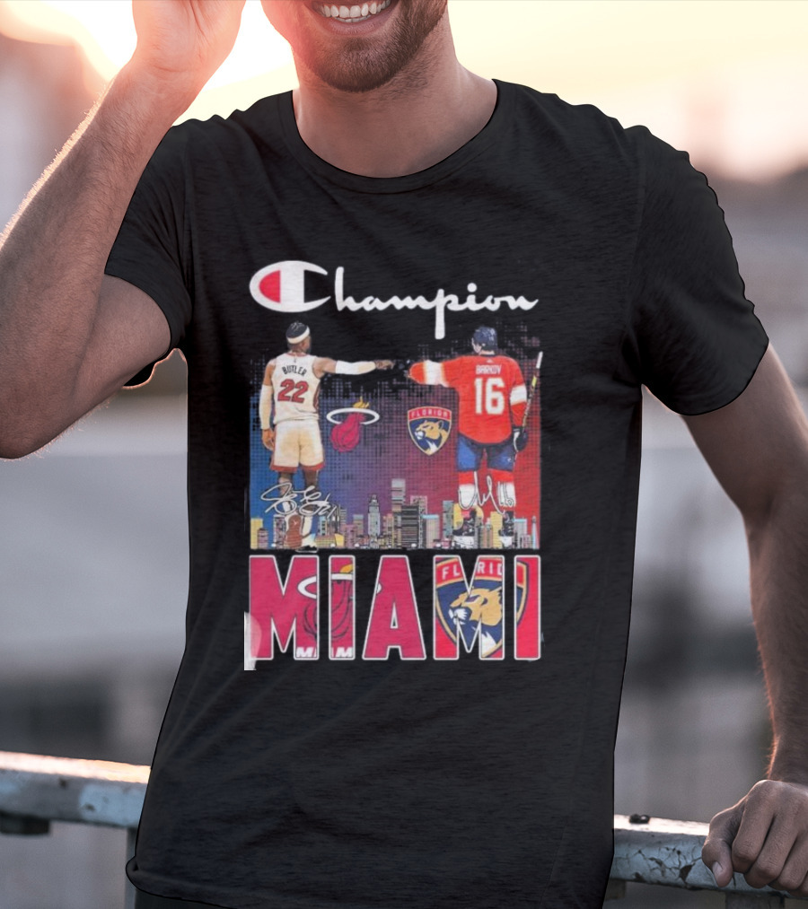 Champion Miami Skyline Signatures 22 Jimmy Butler 16 Aleksander Barkov Sports T-Shirt