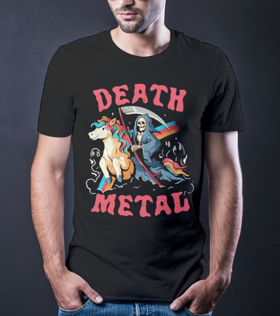 Death Metal Skull Riding Rainbow Unicorn T-Shirt