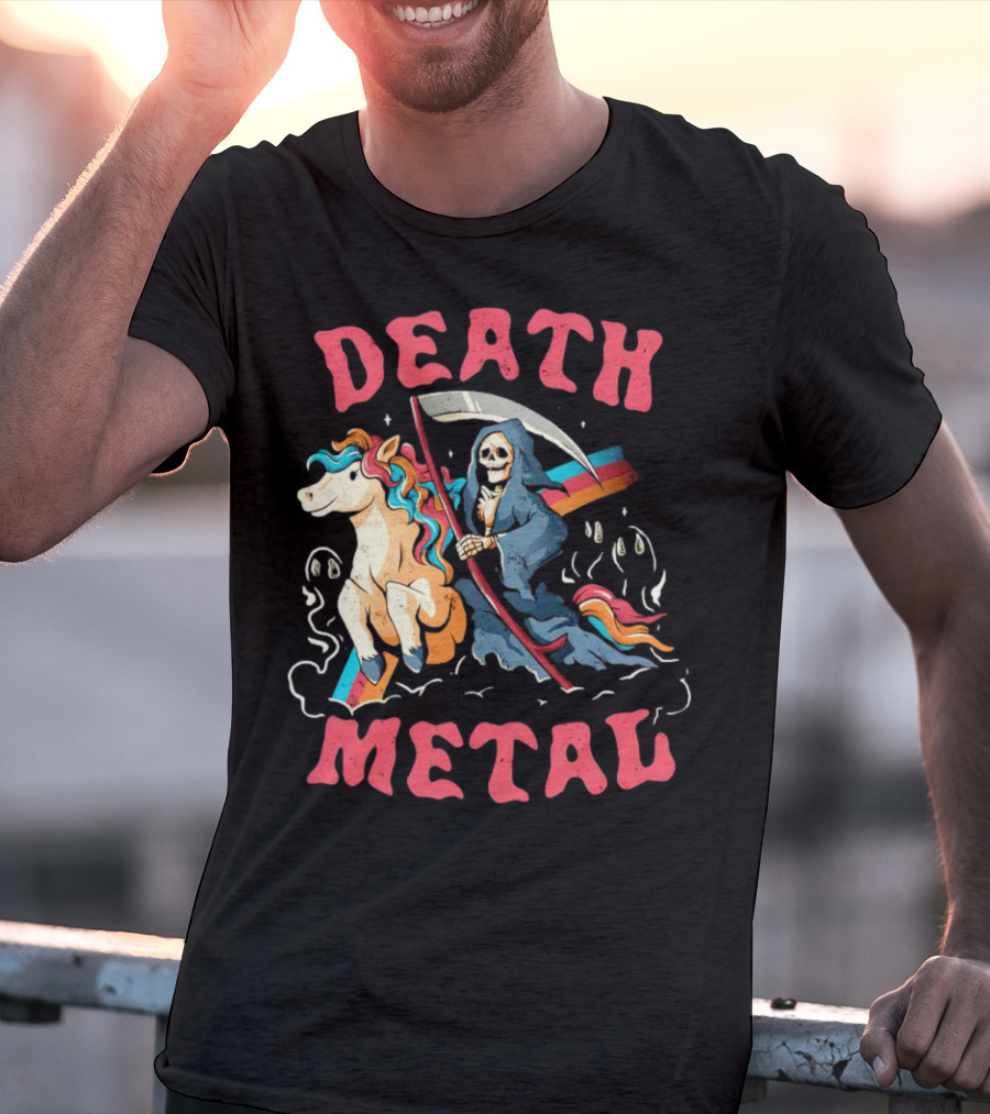 Death Metal Skull Riding Rainbow Unicorn T-Shirt