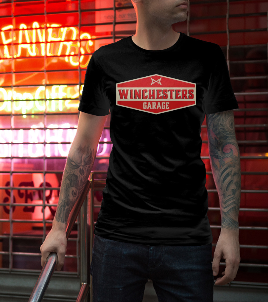 Winchester's Garage Red Hexagonal Shield With Crossed Wrenches T-Shirt