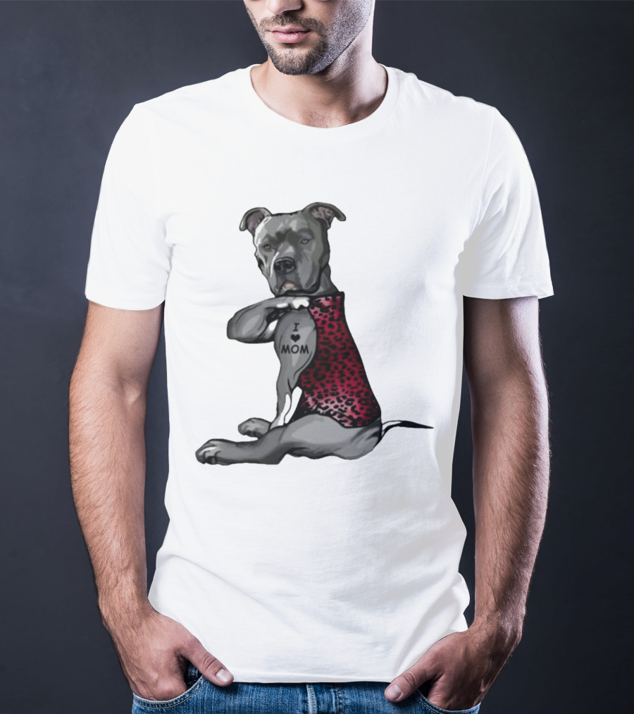 I Love Mom Dog Tattoo Red Leopard Print T-Shirt