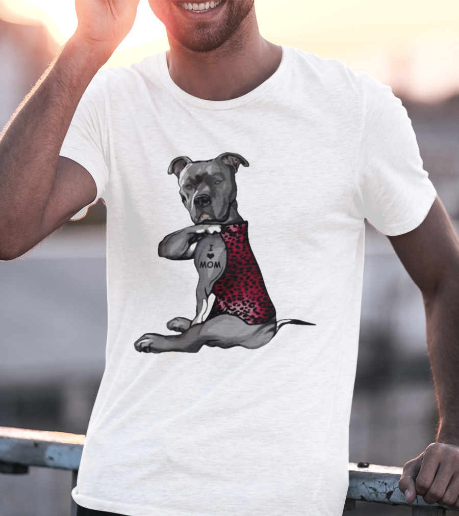 I Love Mom Dog Tattoo Red Leopard Print T-Shirt