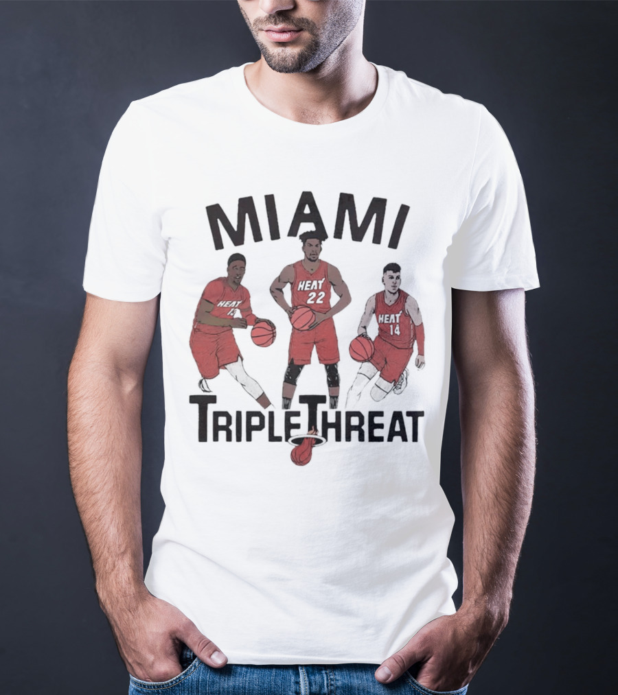 Miami Heat Bam Adebayo Jimmy Butler Tyler Herro Triple Threat T-Shirt