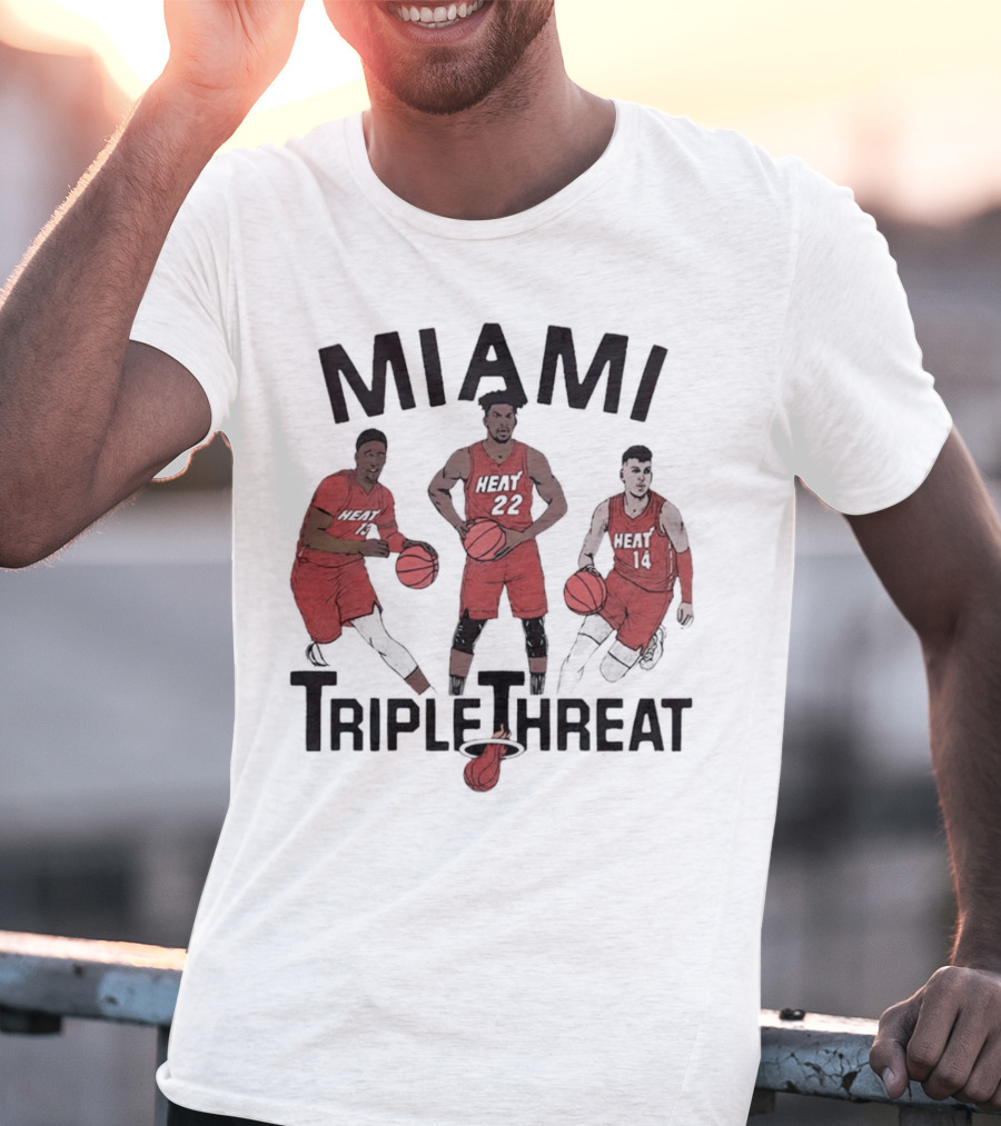 Miami Heat Bam Adebayo Jimmy Butler Tyler Herro Triple Threat T-Shirt