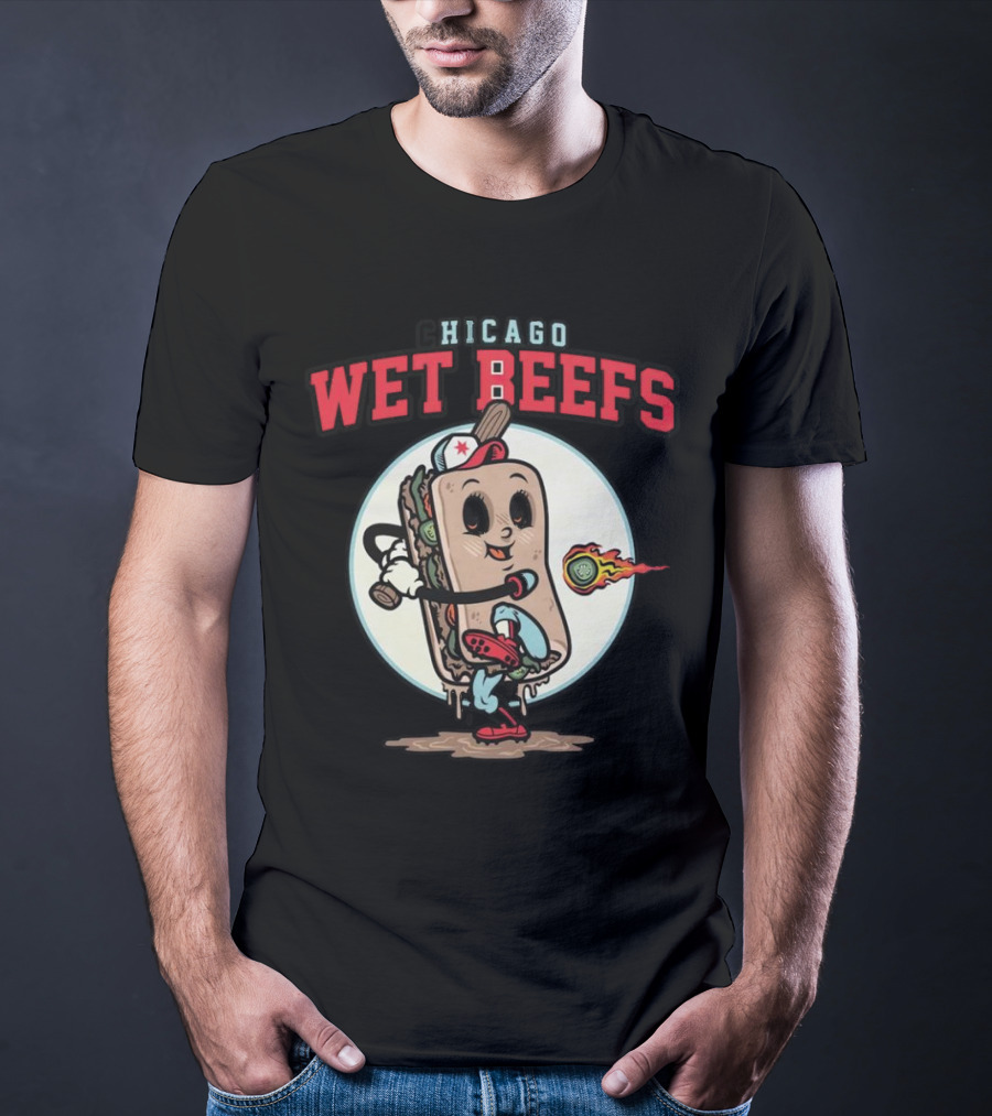 Chicago Wet Beefs Sandwich Character With Baseball Bat And Flaming Baseball T-Shirt