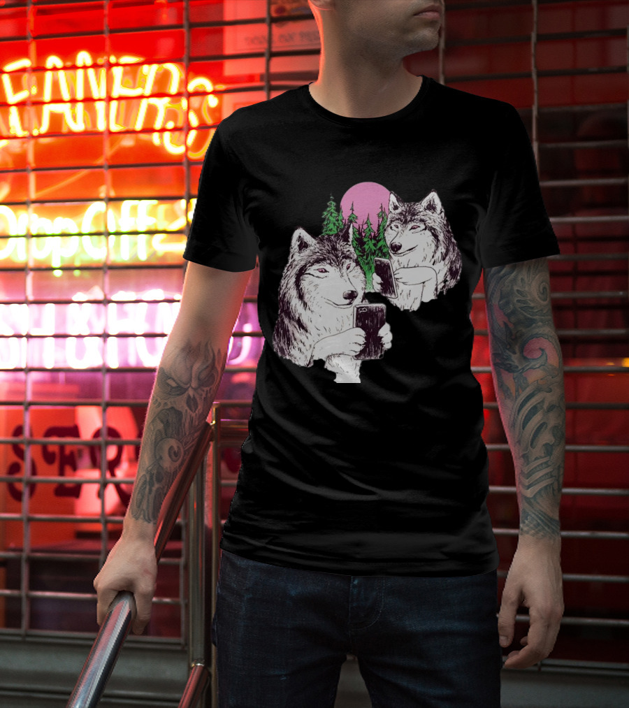 There Are Two Wolves Inside You Both On Smartphones Against A Pink Moon And Pine Trees T-Shirt
