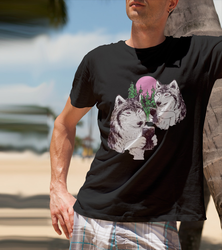 There Are Two Wolves Inside You Both On Smartphones Against A Pink Moon And Pine Trees T-Shirt