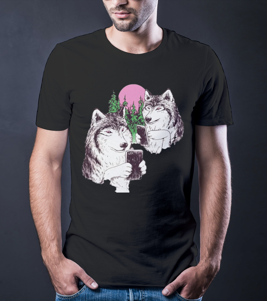There Are Two Wolves Inside You Both On Smartphones Against A Pink Moon And Pine Trees T-Shirt