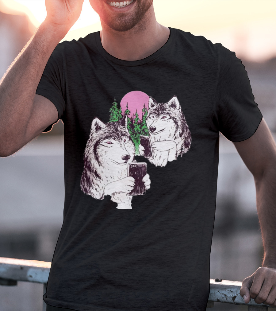There Are Two Wolves Inside You Both On Smartphones Against A Pink Moon And Pine Trees T-Shirt
