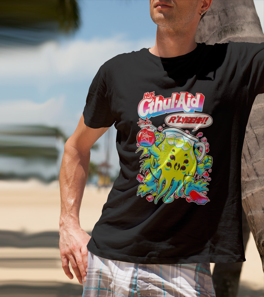 Hey Cthul-Aid R'lyeehh Monster Holding Pentagram Drink With Tentacles T-Shirt