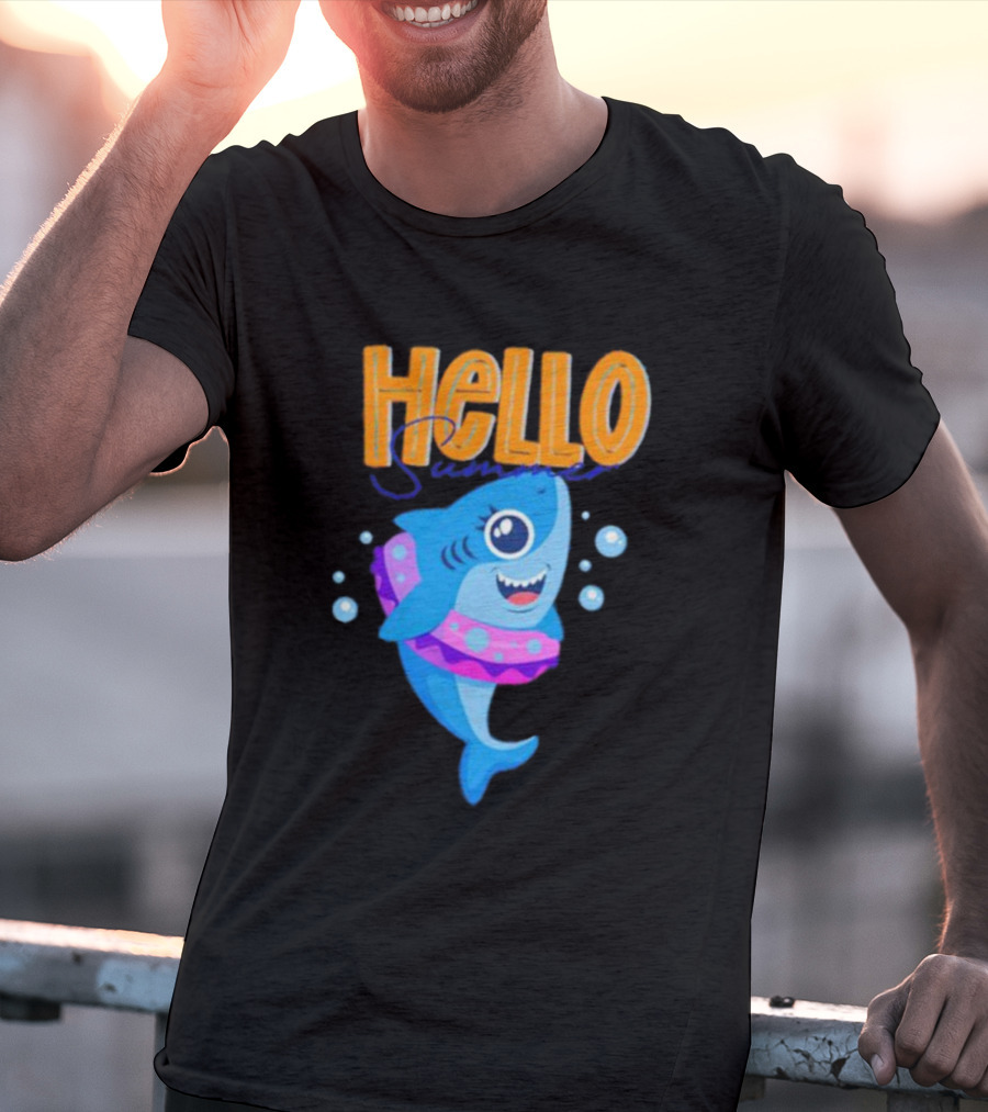 Hello Summer Shark With Swim Ring And Bubbles T-Shirt