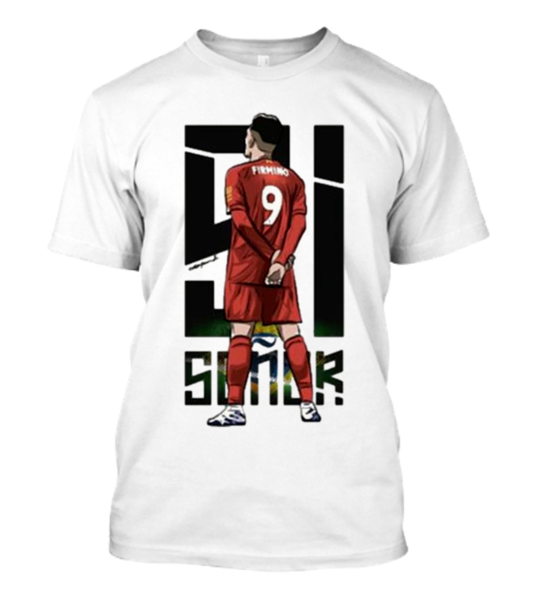Roberto Firmino Si Señor 9 Football Player In Red Kit With Brazil Flag Background T-Shirt
