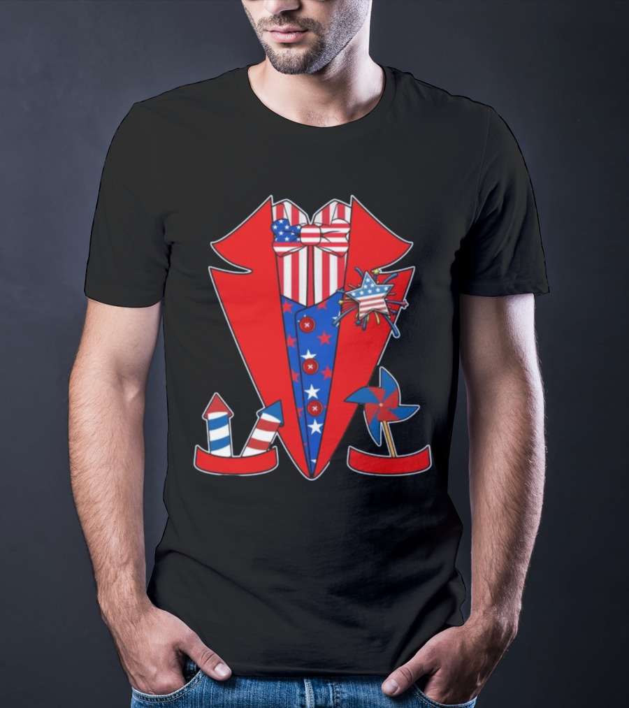 Patriotic Stars And Stripes Tuxedo With Fireworks And Pinwheel T-Shirt