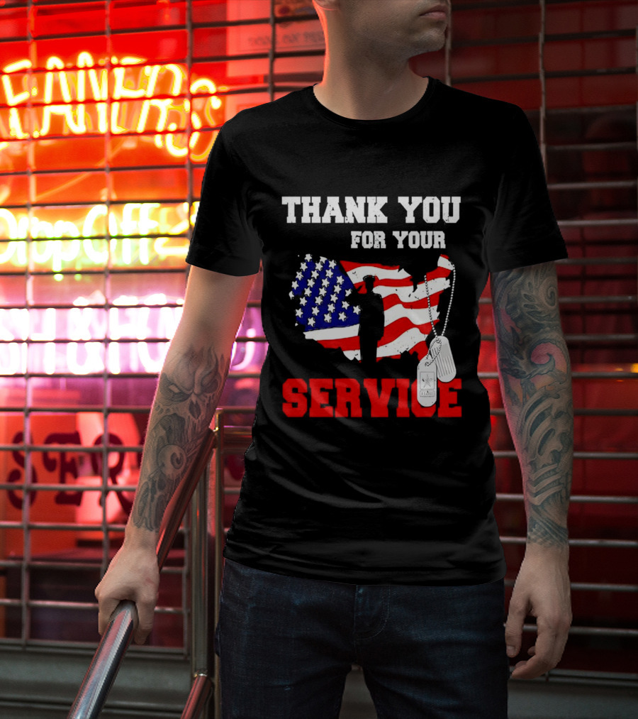Thank You For Your Service American Flag Silhouette With Dog Tags T-Shirt