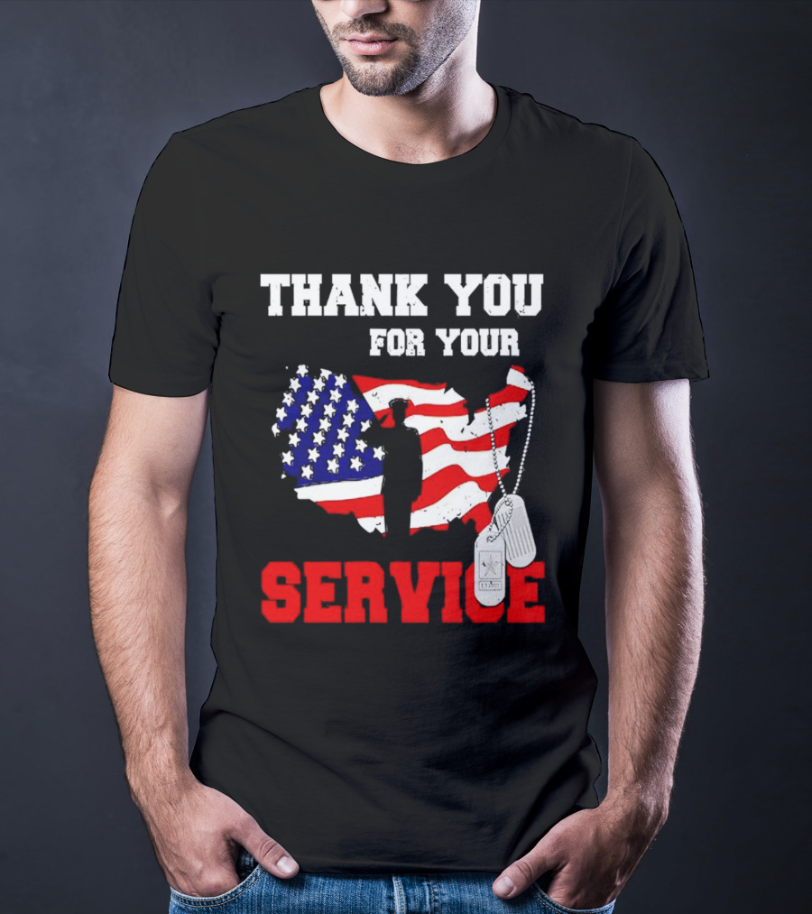 Thank You For Your Service American Flag Silhouette With Dog Tags T-Shirt