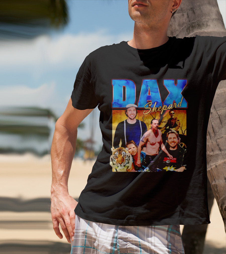 Dax Shepard Vintage Collage With Blue Text And Tiger T-Shirt