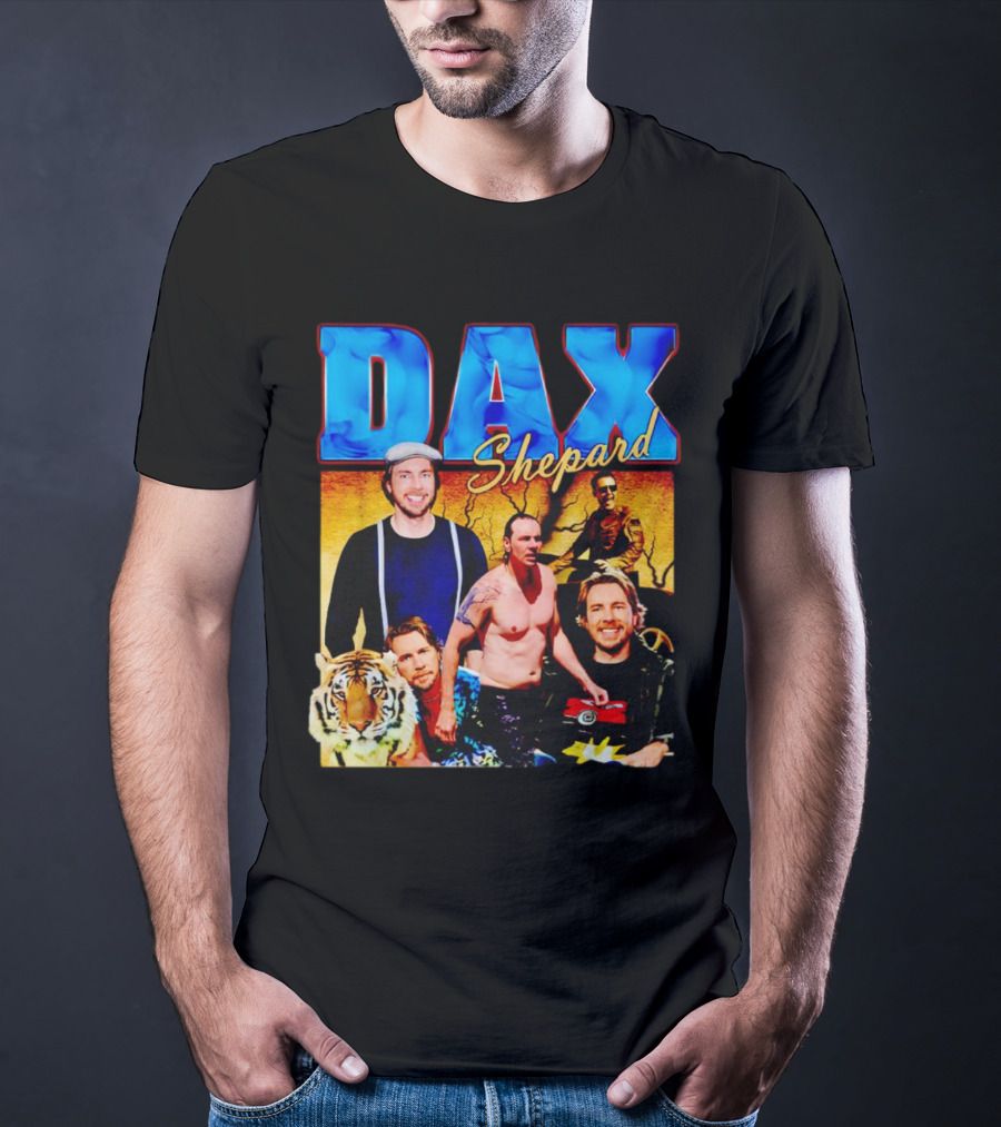 Dax Shepard Vintage Collage With Blue Text And Tiger T-Shirt