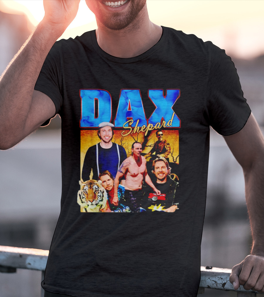 Dax Shepard Vintage Collage With Blue Text And Tiger T-Shirt