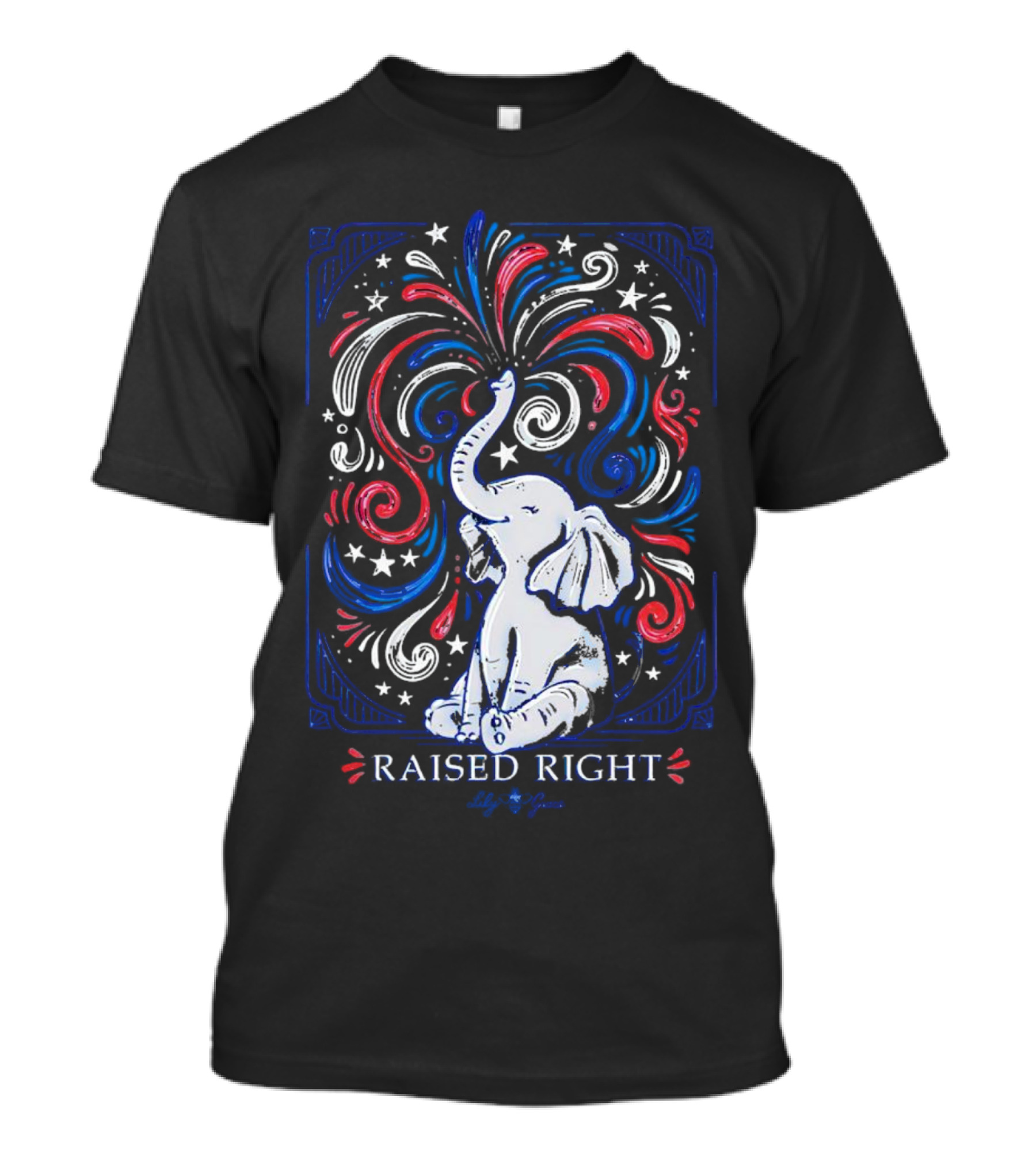 Elephant Raised Right Fireworks Red White Blue Stars T-Shirt