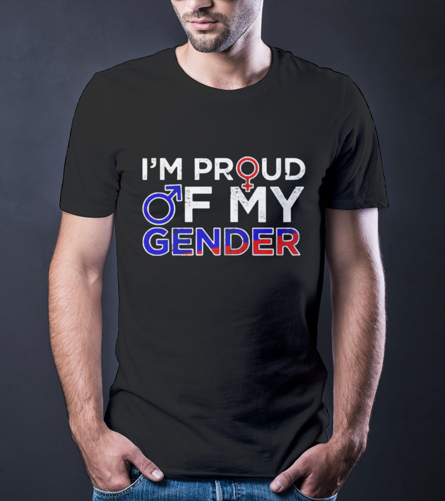 I’m Proud Of My Gender With Male And Female Symbols In Red, White, And Blue T-Shirt