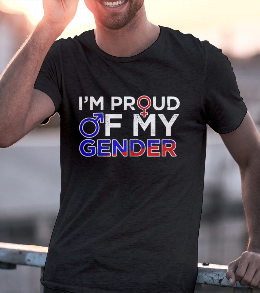 I’m Proud Of My Gender With Male And Female Symbols In Red, White, And Blue T-Shirt
