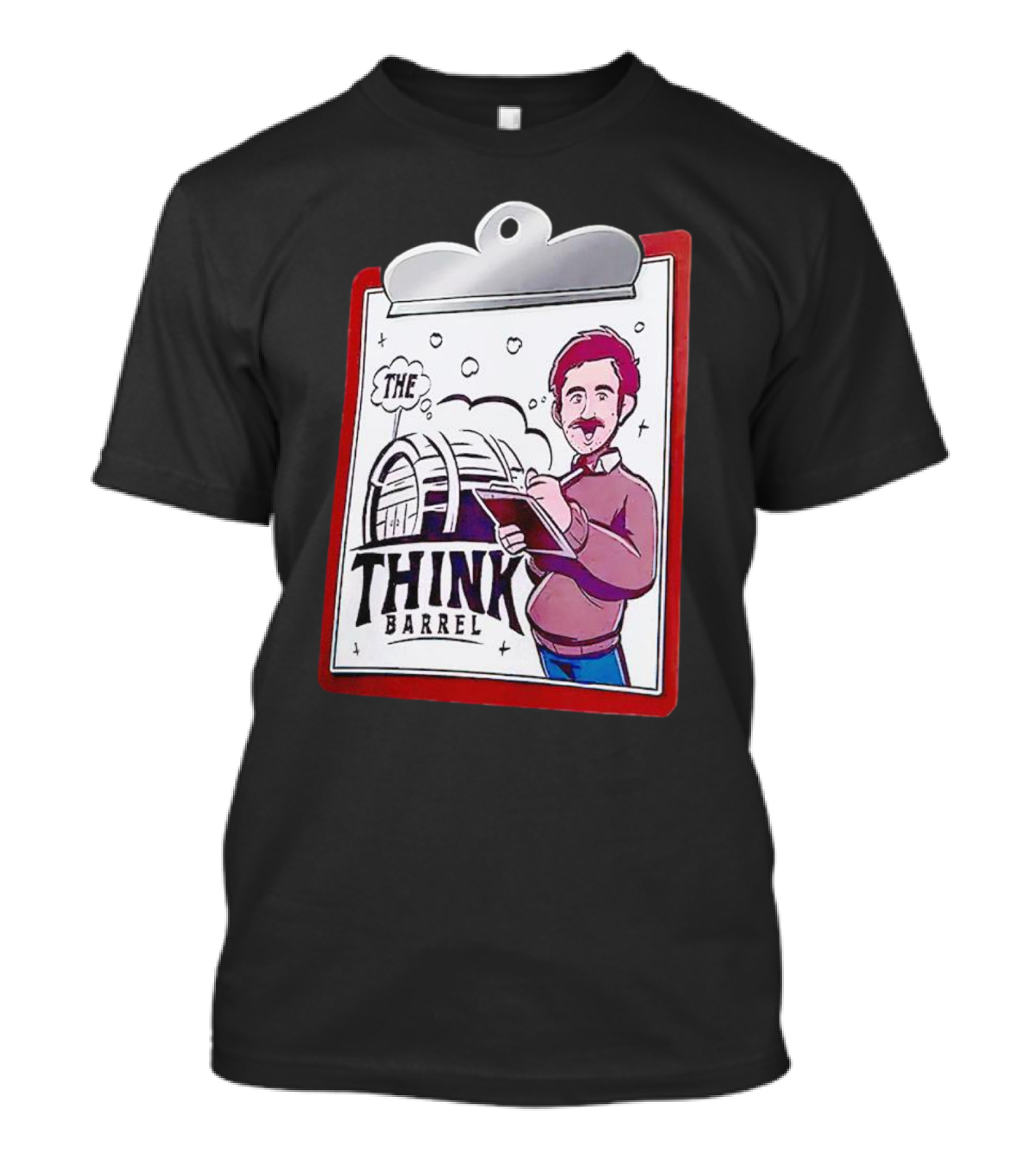 The Think Barrel Clipboard With Cartoon Character And Building Outline T-Shirt