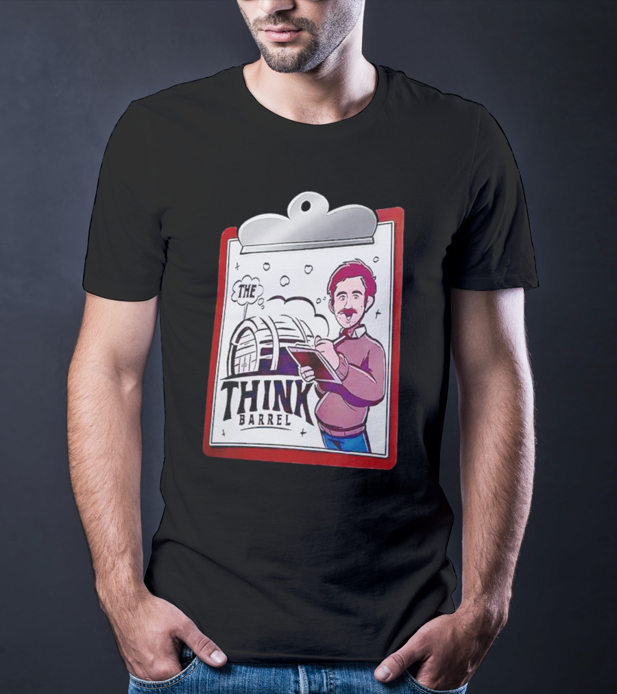 The Think Barrel Clipboard With Cartoon Character And Building Outline T-Shirt