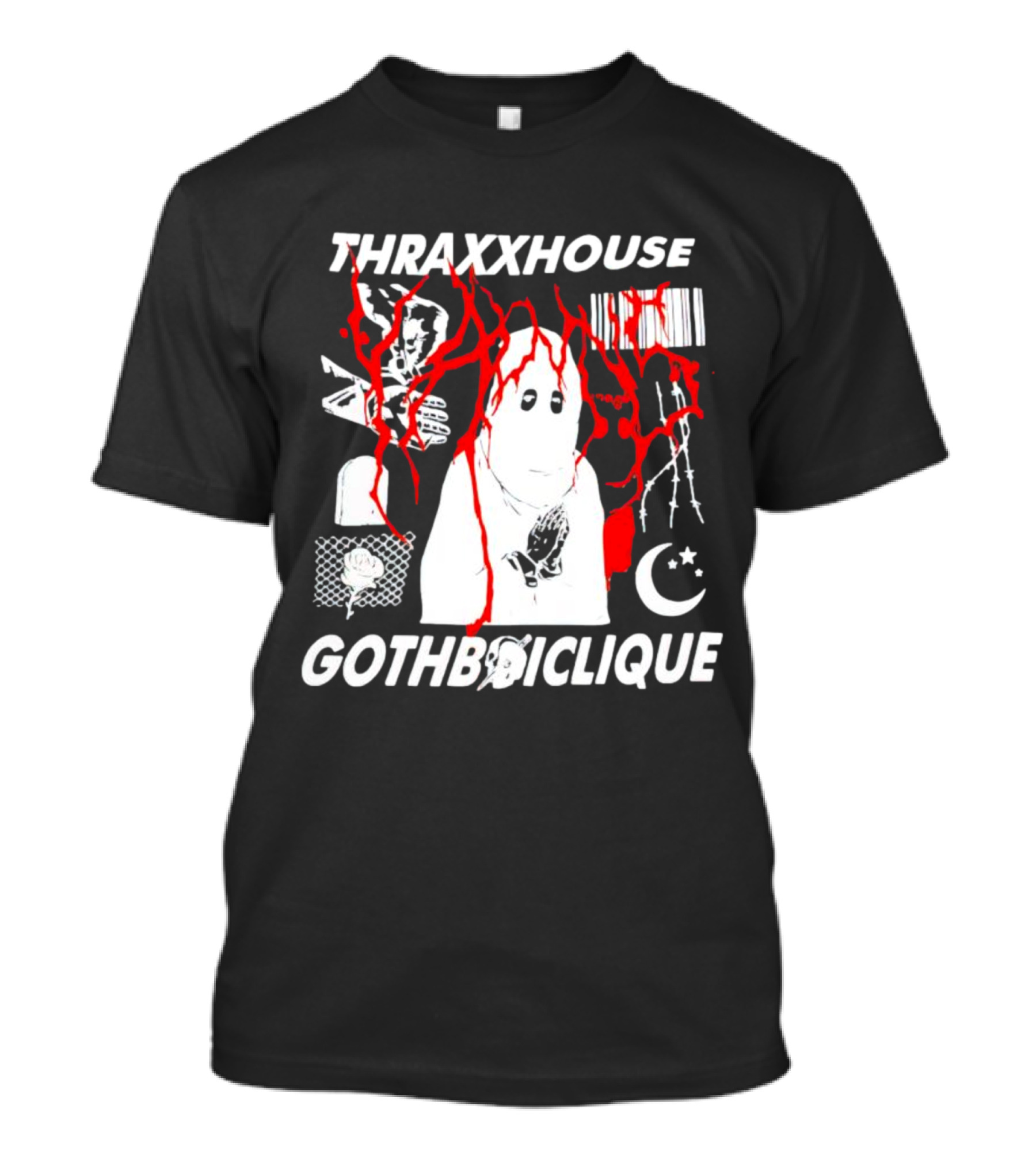 Thraxxhouse Gothboiclique Praying Figure With Barcode Rose Crescent Moon And Abstract Red Streaks T-Shirt