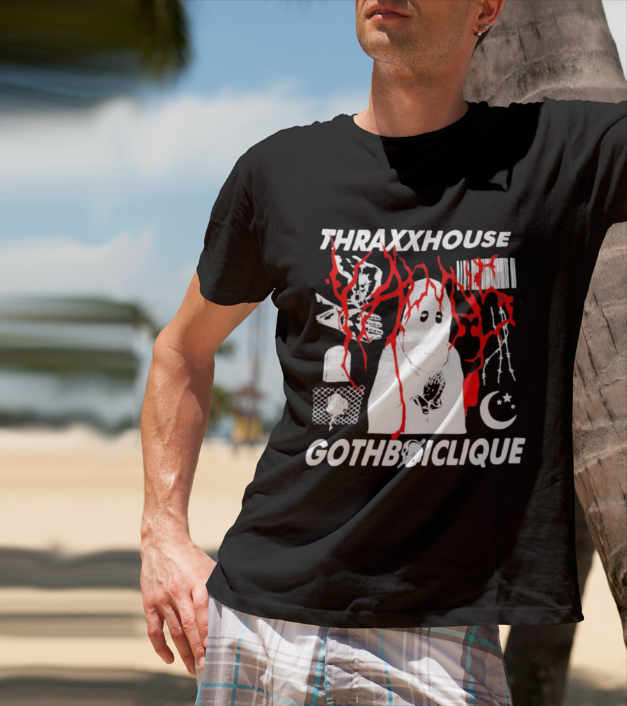 Thraxxhouse Gothboiclique Praying Figure With Barcode Rose Crescent Moon And Abstract Red Streaks T-Shirt