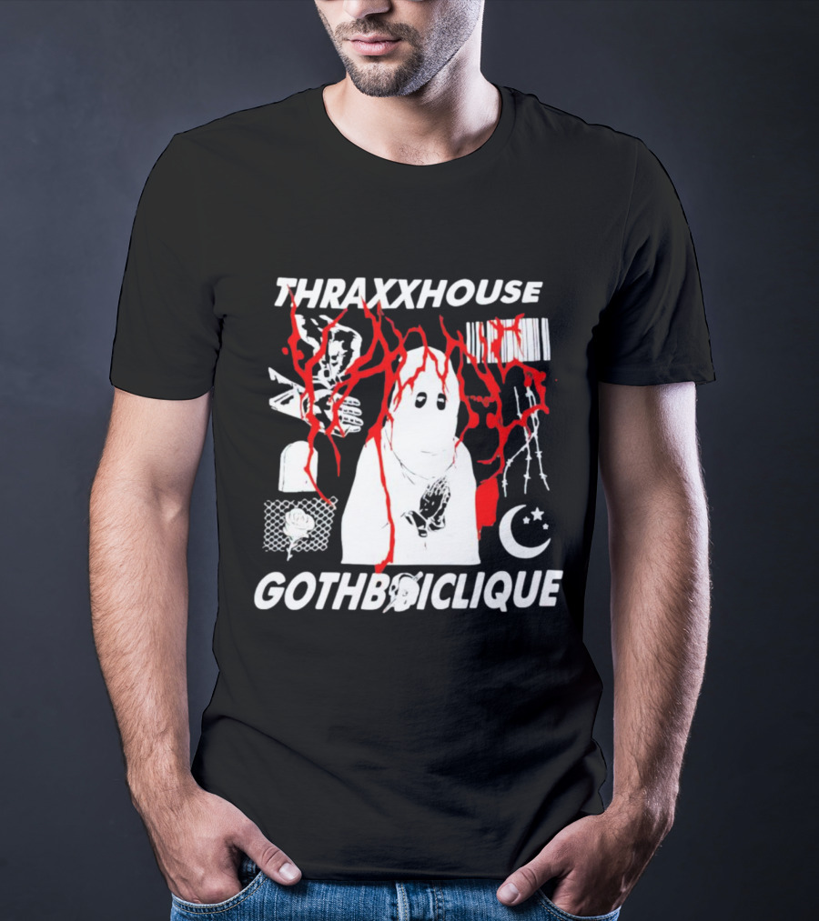 Thraxxhouse Gothboiclique Praying Figure With Barcode Rose Crescent Moon And Abstract Red Streaks T-Shirt