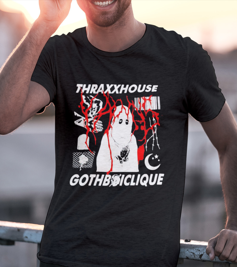 Thraxxhouse Gothboiclique Praying Figure With Barcode Rose Crescent Moon And Abstract Red Streaks T-Shirt