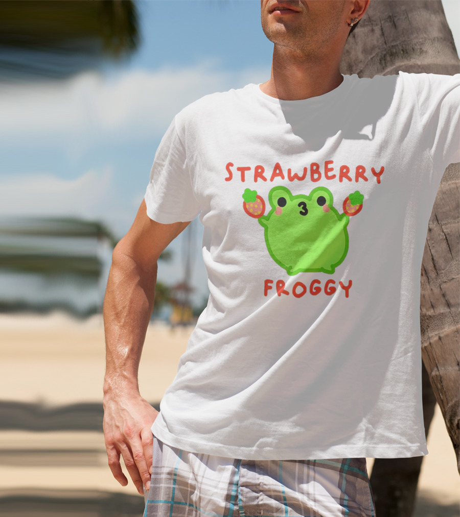 STRAWBERRY FROGGY Green Frog Holding Strawberries T-Shirt