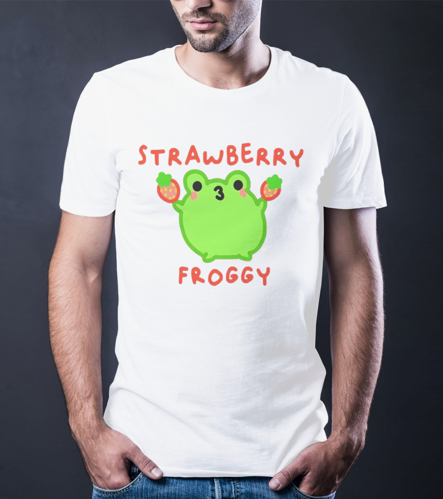 STRAWBERRY FROGGY Green Frog Holding Strawberries T-Shirt