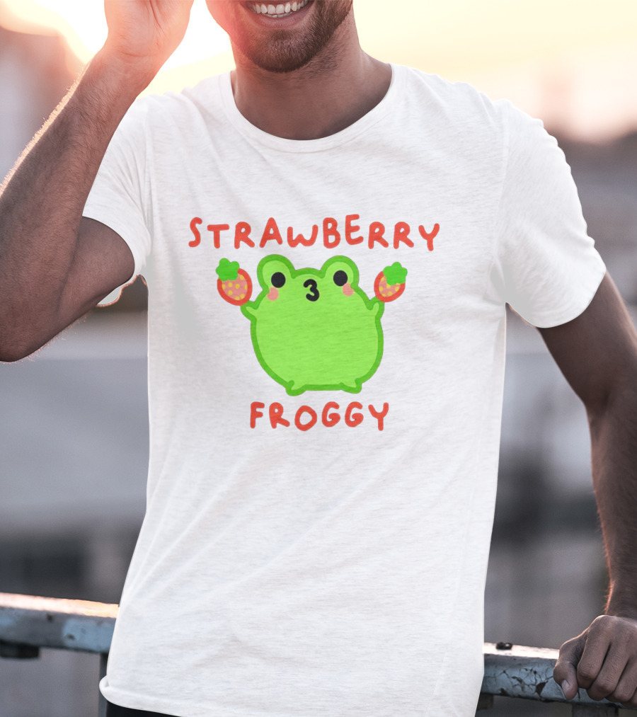 STRAWBERRY FROGGY Green Frog Holding Strawberries T-Shirt