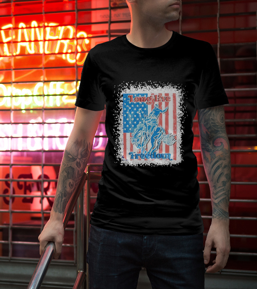 Long Live Freedom America Flag Cowboy And Horse T-Shirt