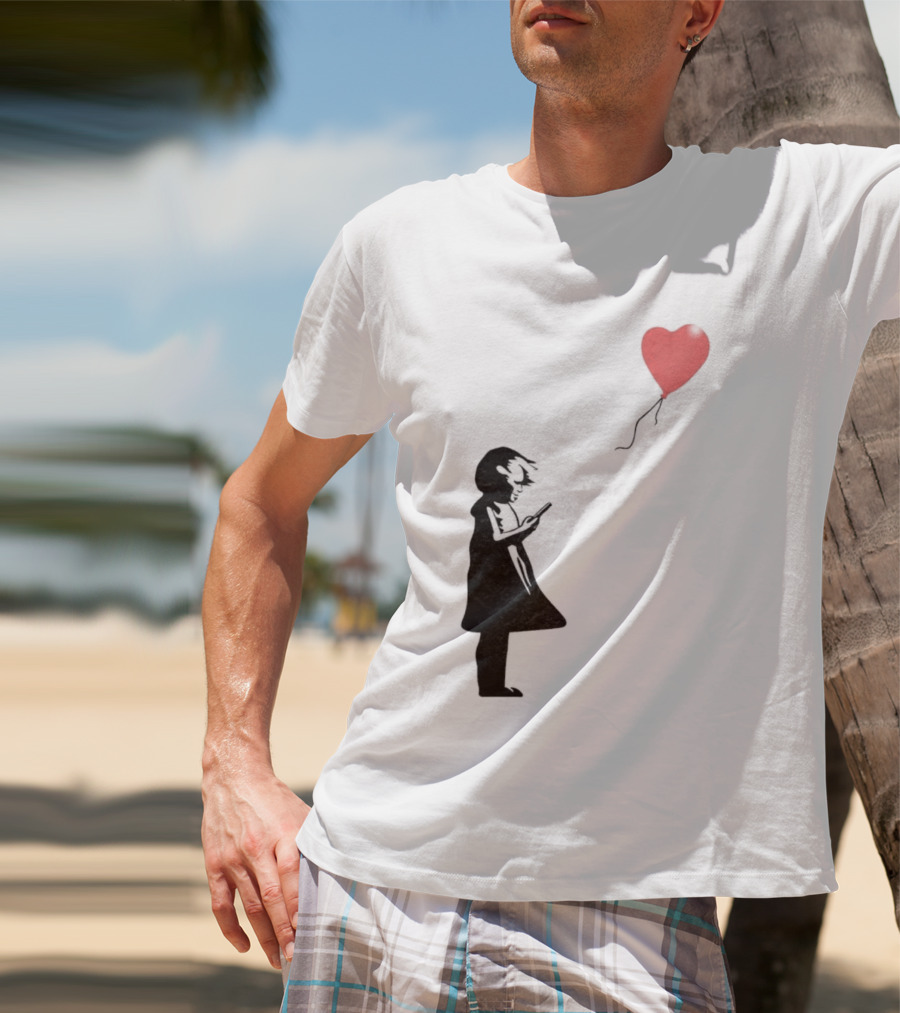 Girl With Phone Heart Balloon Black Dark Shadow T-Shirt