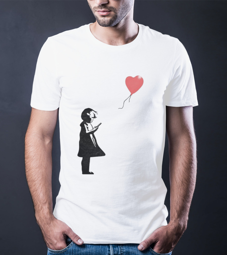 Girl With Phone Heart Balloon Black Dark Shadow T-Shirt